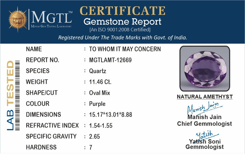 Amethyst - 11.46 Carats (Jamunia - 12.49 Ratti)
