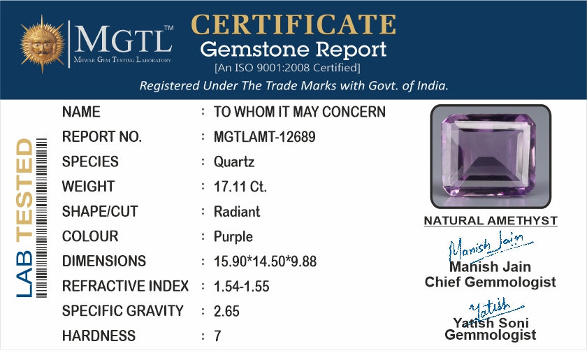 Amethyst - 17.11 Carats (Jamunia - 18.65 Ratti)
