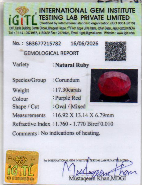 Ruby (Manik) Gemstone - 17.3 Carats