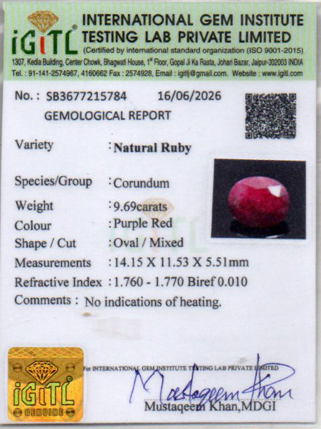 Ruby (Manik) Gemstone - 9.69 Carats