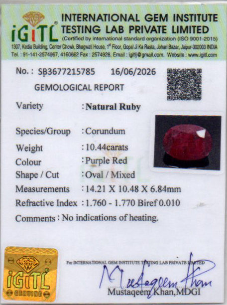 Ruby (Manik) Gemstone - 10.44 Carats