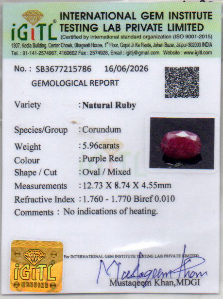 Ruby (Manik) Gemstone - 5.96 Carats