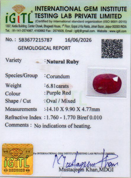 Ruby (Manik) Gemstone - 6.81 Carats