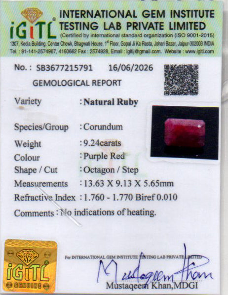 Ruby (Manik) Gemstone - 9.24 Carats