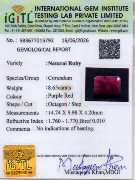 Ruby (Manik) Gemstone - 8.63 Carats
