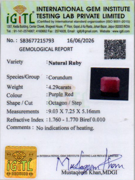 Ruby (Manik) Gemstone - 4.29 Carats