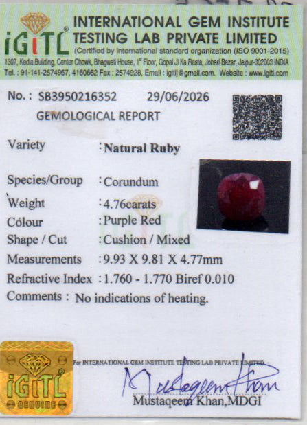 Ruby (Manik) Gemstone - 4.76 Carats