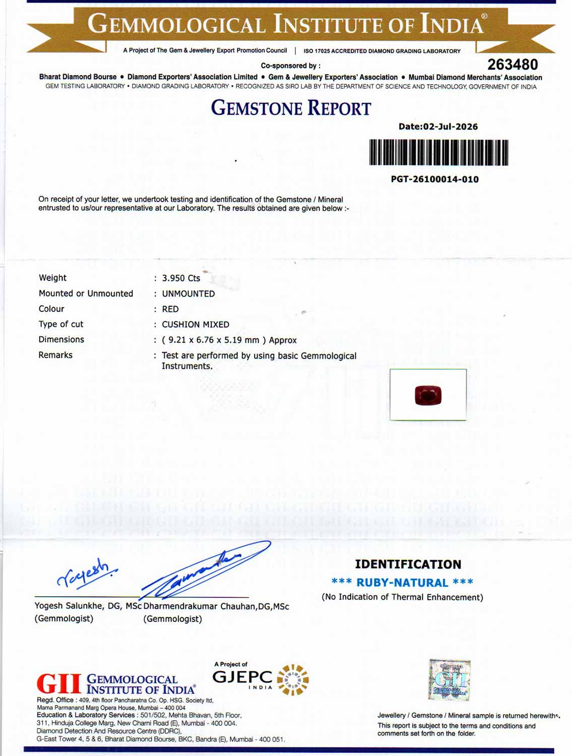 Ruby (Manik) Gemstone - 3.95 Carats