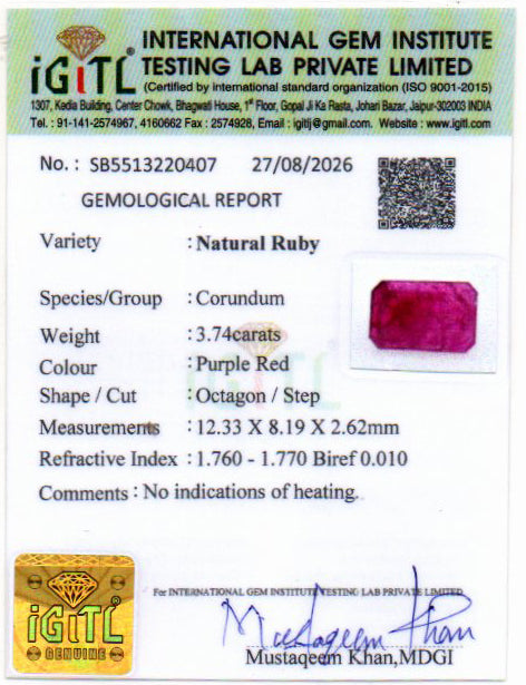 Ruby (Manik) Gemstone - 3.74 Carats