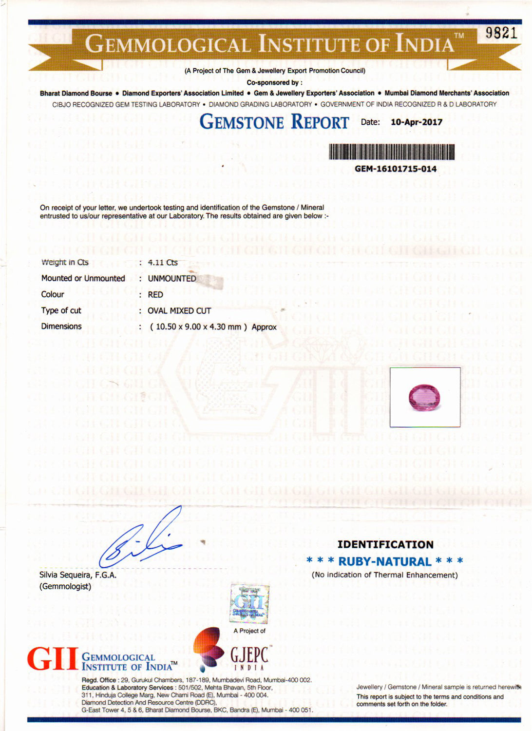 Ruby (Manik) Gemstone - 4.11 Carats