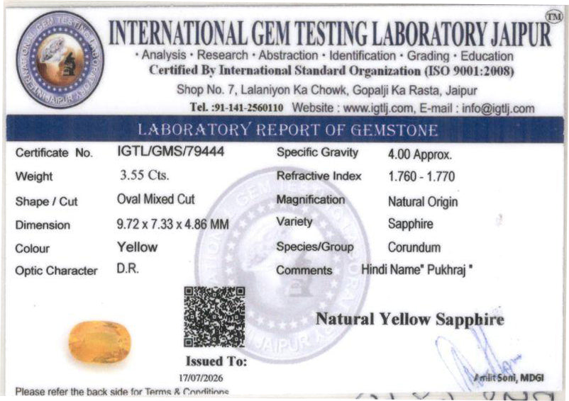Yellow Sapphire (Pukhraj) Gemstone - 3.55 Carats
