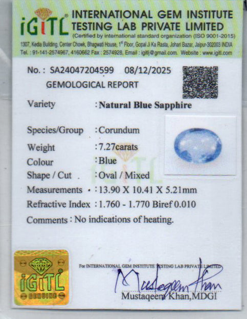 Blue Sapphire (Neelam) - 7.27 Carats