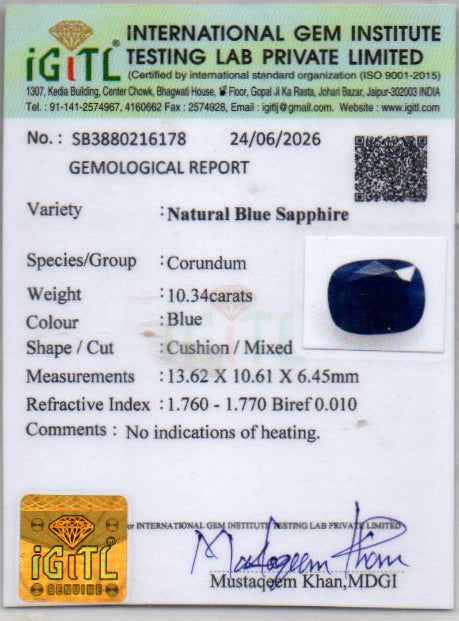 Blue Sapphire (Neelam) Gemstone - 10.34 Carats