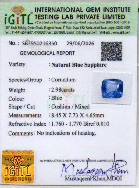 Blue Sapphire (Neelam) Gemstone - 2.98 Carats