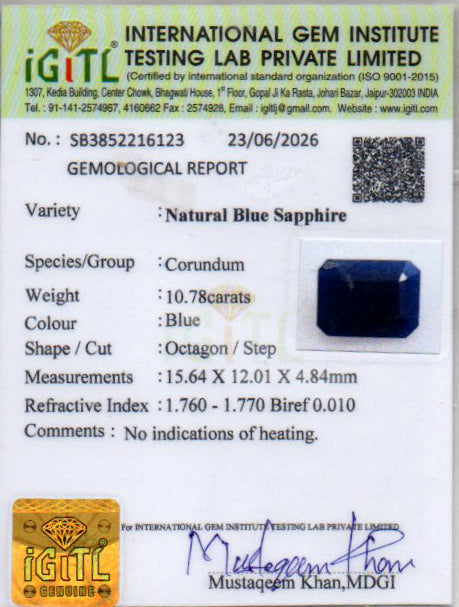 Blue Sapphire (Neelam) Gemstone - 10.78 Carats