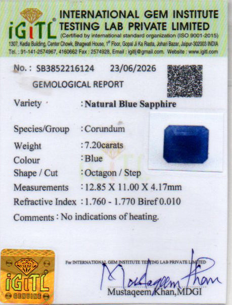 Blue Sapphire (Neelam) Gemstone - 7.20 Carats