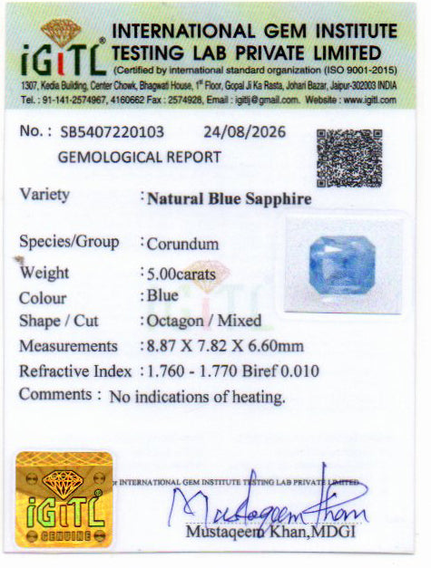 Blue Sapphire (Neelam) Gemstone - 5.00 Carats