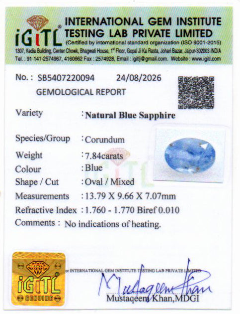 Blue Sapphire (Neelam) Gemstone - 7.84 Carats