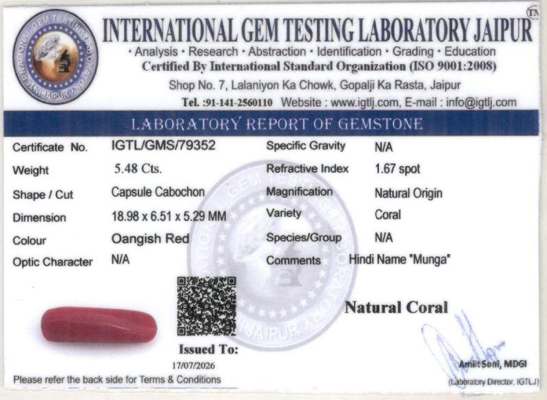 Red Coral (Moonga) Gemstone - 5.48 Carats