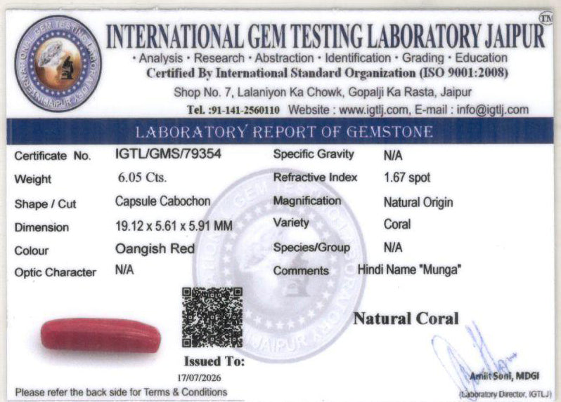 Red Coral (Moonga) Gemstone - 6.05 Carats