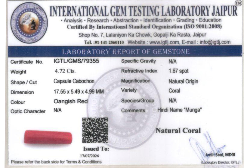 Red Coral (Moonga) Gemstone - 4.72 Carats