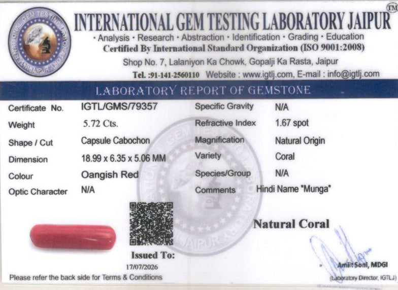 Red Coral (Moonga) Gemstone - 5.72 Carats