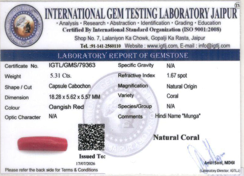 Red Coral (Moonga) Gemstone - 5.31 Carats