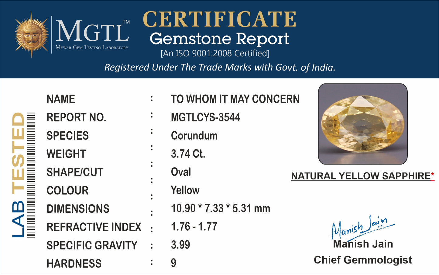 Yellow Sapphire (Pukhraj) - 3.74 Carats