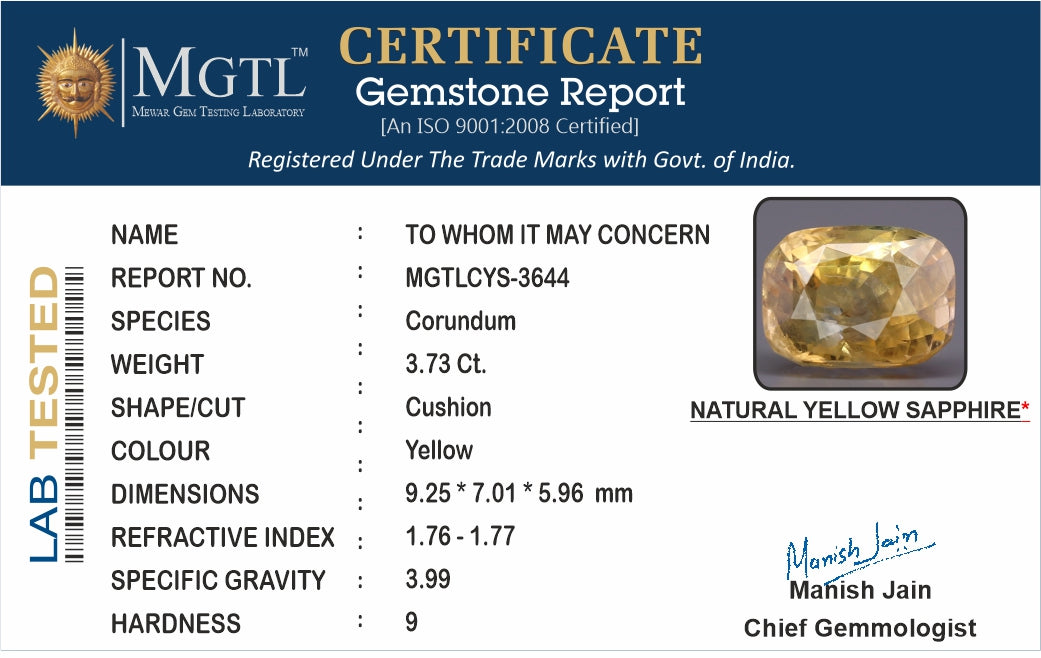 Yellow Sapphire (Pukhraj) - 3.73 Carats