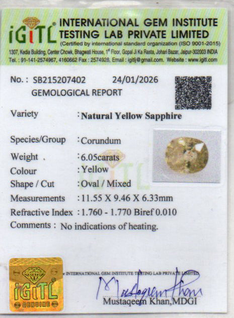 Yellow Sapphire (Pukhraj) - 6.05 Carats