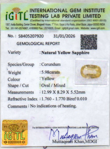Yellow Sapphire (Pukhraj) - 5.98 Carats