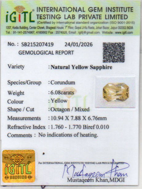 Yellow Sapphire (Pukhraj) - 6.08 Carats