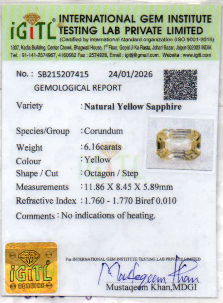 Yellow Sapphire (Pukhraj) - 6.16 Carats