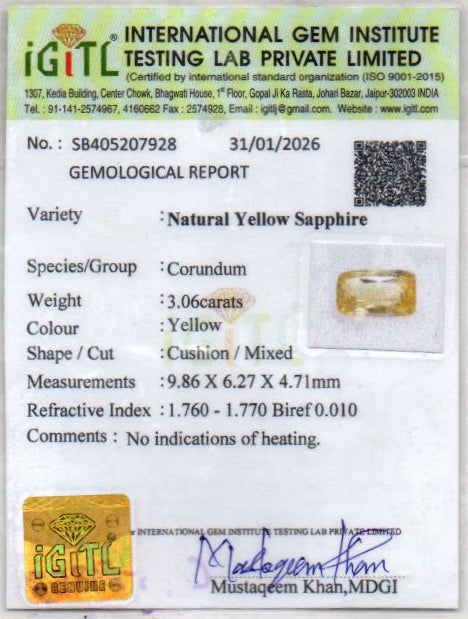 Yellow Sapphire (Pukhraj) - 3.06 Carats