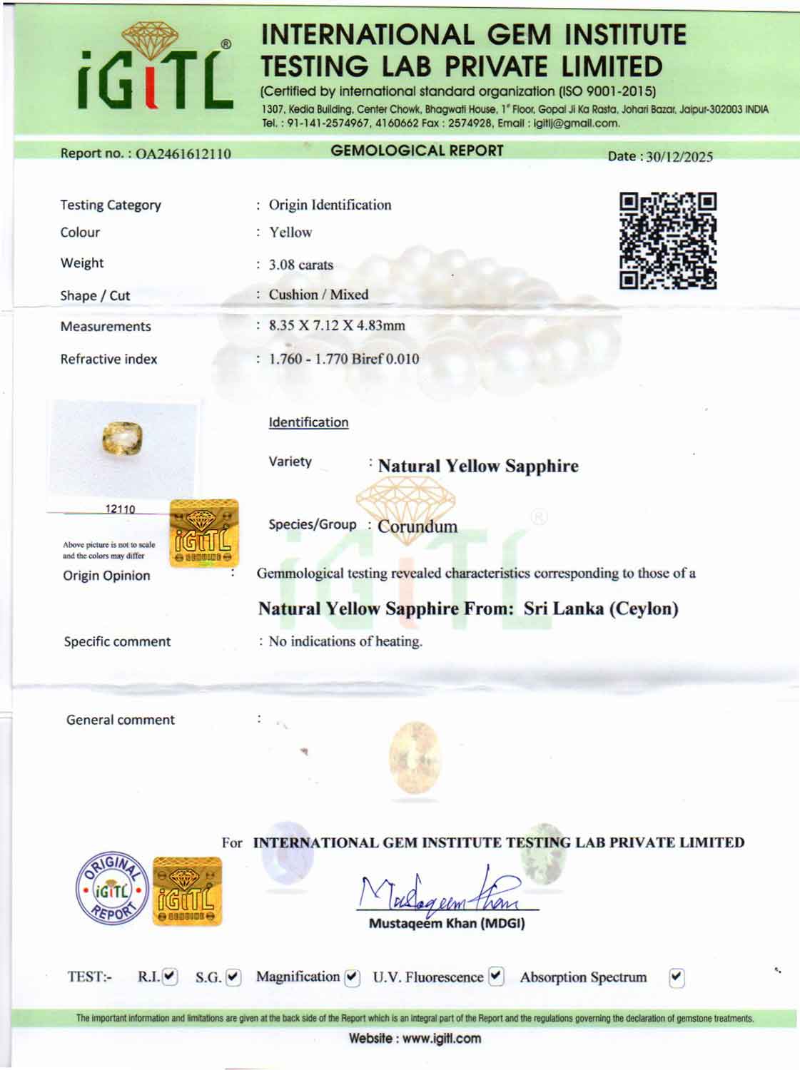 Yellow Sapphire (Pukhraj) Gemstone - 3.08 Carats