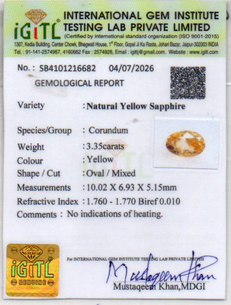 Yellow Sapphire (Pukhraj) Gemstone - 3.35 Carats