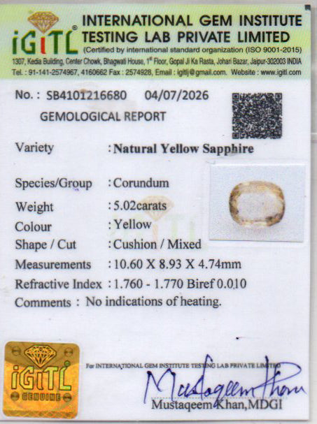 Yellow Sapphire (Pukhraj) - 5.02 Carats