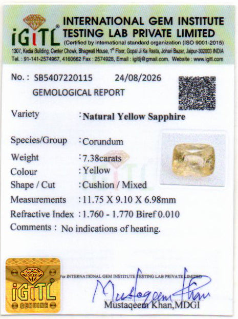 Yellow Sapphire (Pukhraj) Gemstone - 7.38 Carats