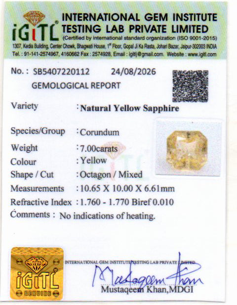 Yellow Sapphire (Pukhraj) Gemstone - 7.0 Carats