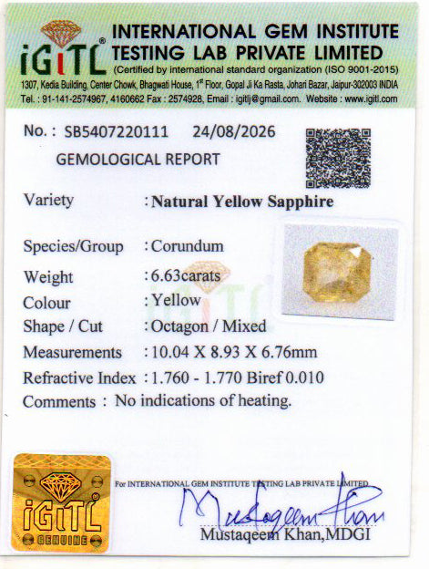 Yellow Sapphire (Pukhraj) Gemstone - 6.63 Carats