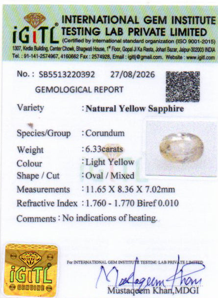Yellow Sapphire (Pukhraj) Gemstone - 6.33 Carats