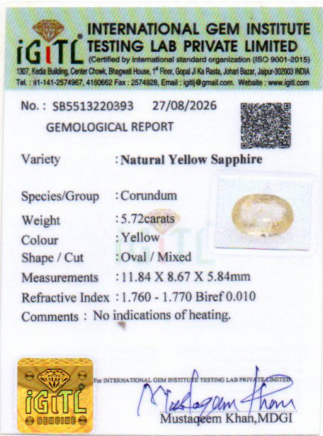 Yellow Sapphire (Pukhraj) Gemstone - 5.72 Carats