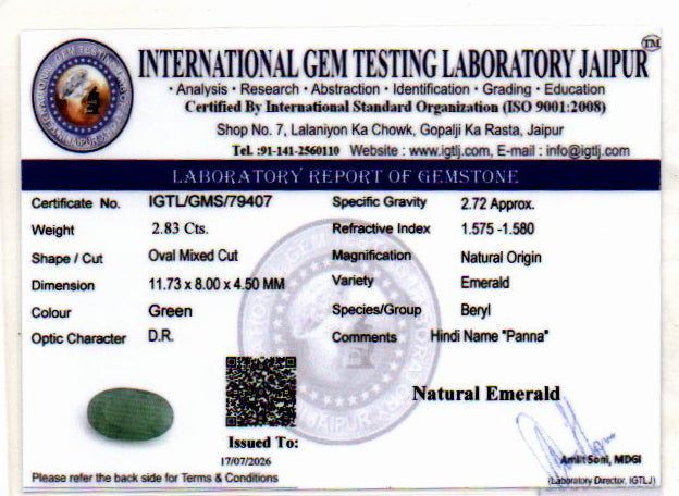 Emerald (Panna) Gemstone - 2.83 Carats