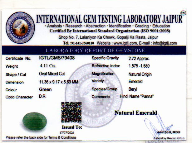 Emerald (Panna) Gemstone - 4.11 Carats