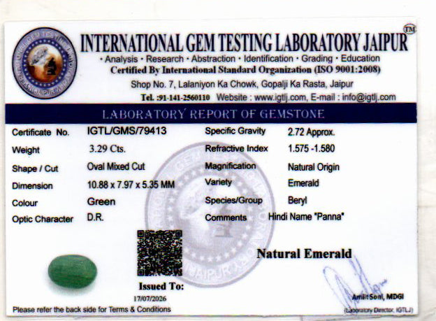 Emerald (Panna) Gemstone - 3.29 Carats