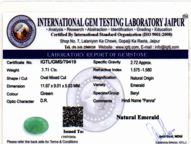 Emerald (Panna) Gemstone - 3.71 Carats