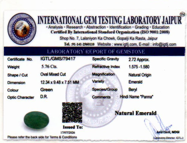 Emerald (Panna) Gemstone - 5.76 Carats