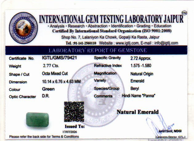 Emerald (Panna) Gemstone - 2.77 Carats