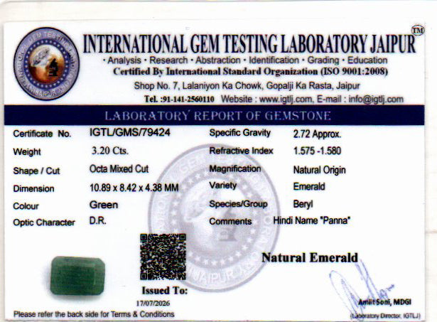 Emerald (Panna) Gemstone - 3.20 Carats