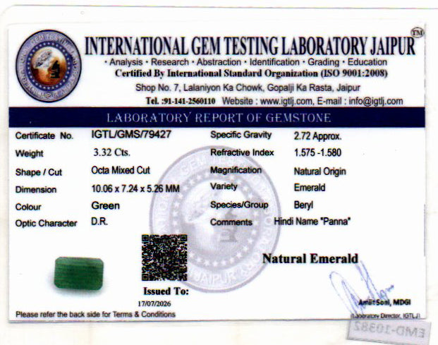 Emerald (Panna) Gemstone - 3.32 Carats